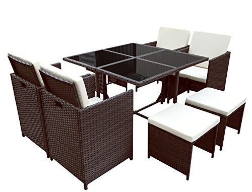 POLY RATTAN Essgruppe Rattan Set mit Glastisch Garnitur Gartenmöbel Sitzgruppe Lounge (4 Stühle, Braun)