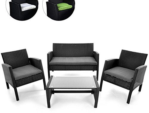 Rattanset 4tlg Sitzecke mit Tisch mit 2 Sessel und 1 Sofa Garnitur Sitzgruppe Polster grau Terrasse Gartenmöbel Poly Rattan Sicherheitsglas Lounge In/Outdoor 4-Sitzer 4-teilig